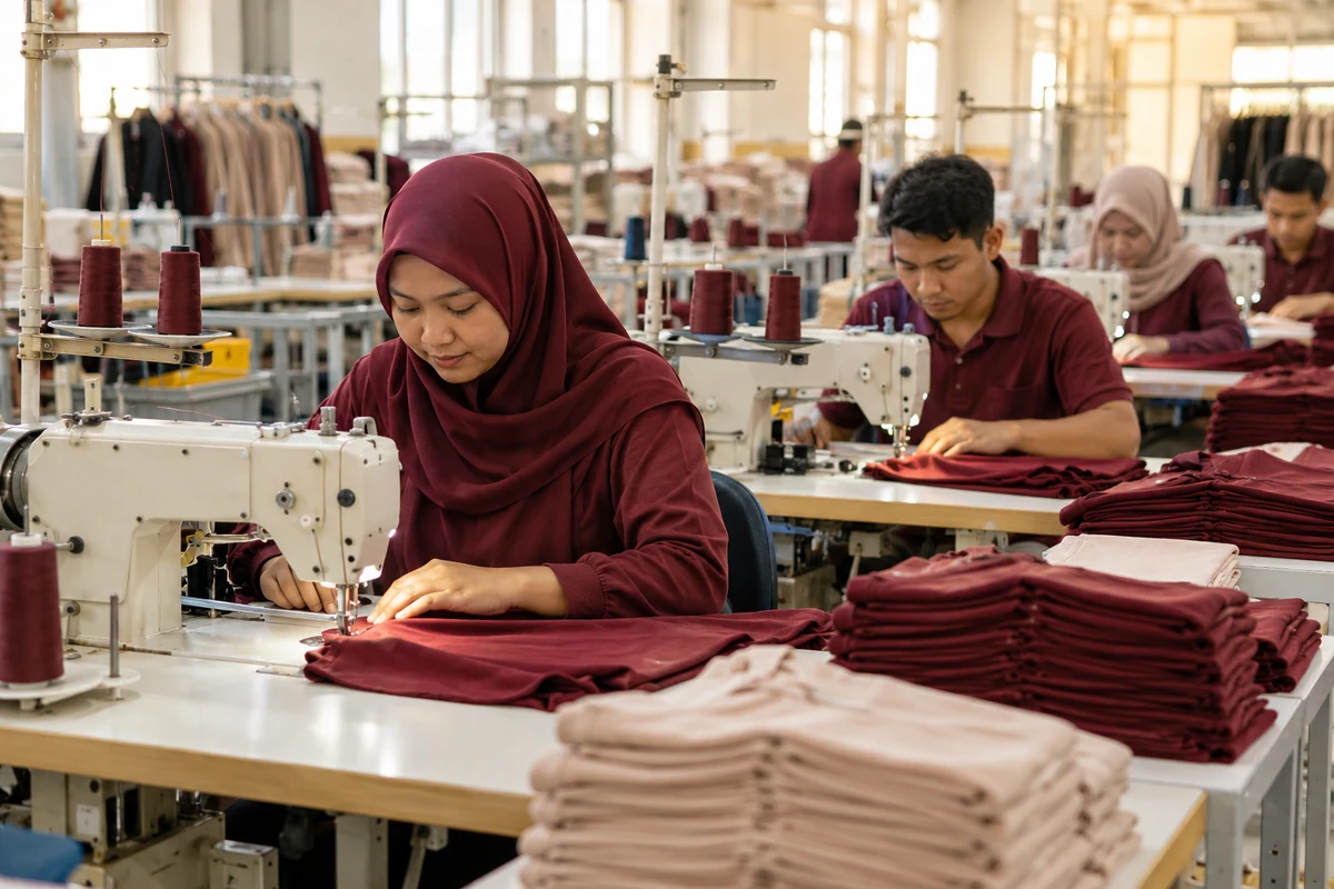 Editorial illustration of garment manufacturing in a Malaysian textile setting.
