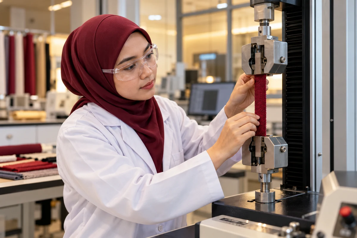 Editorial illustration of textile testing work in a Malaysian laboratory setting.