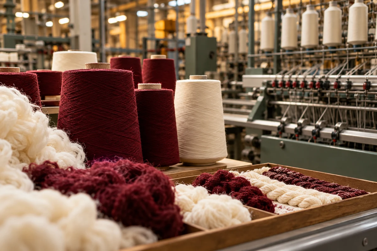Editorial illustration of yarn and fibre cones in a Malaysian textile setting.