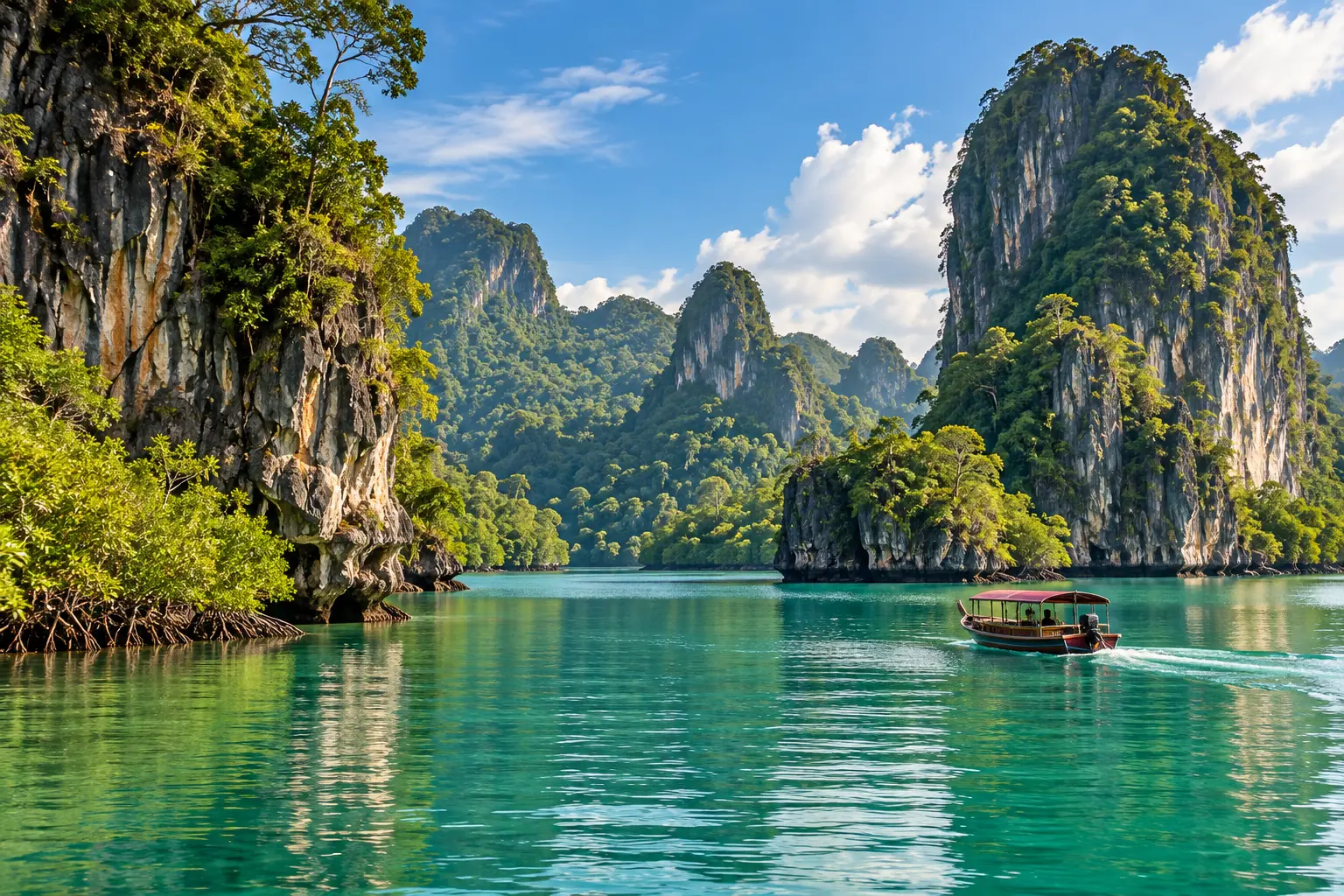 Limestone karst islands and turquoise water at Langkawi's geopark
