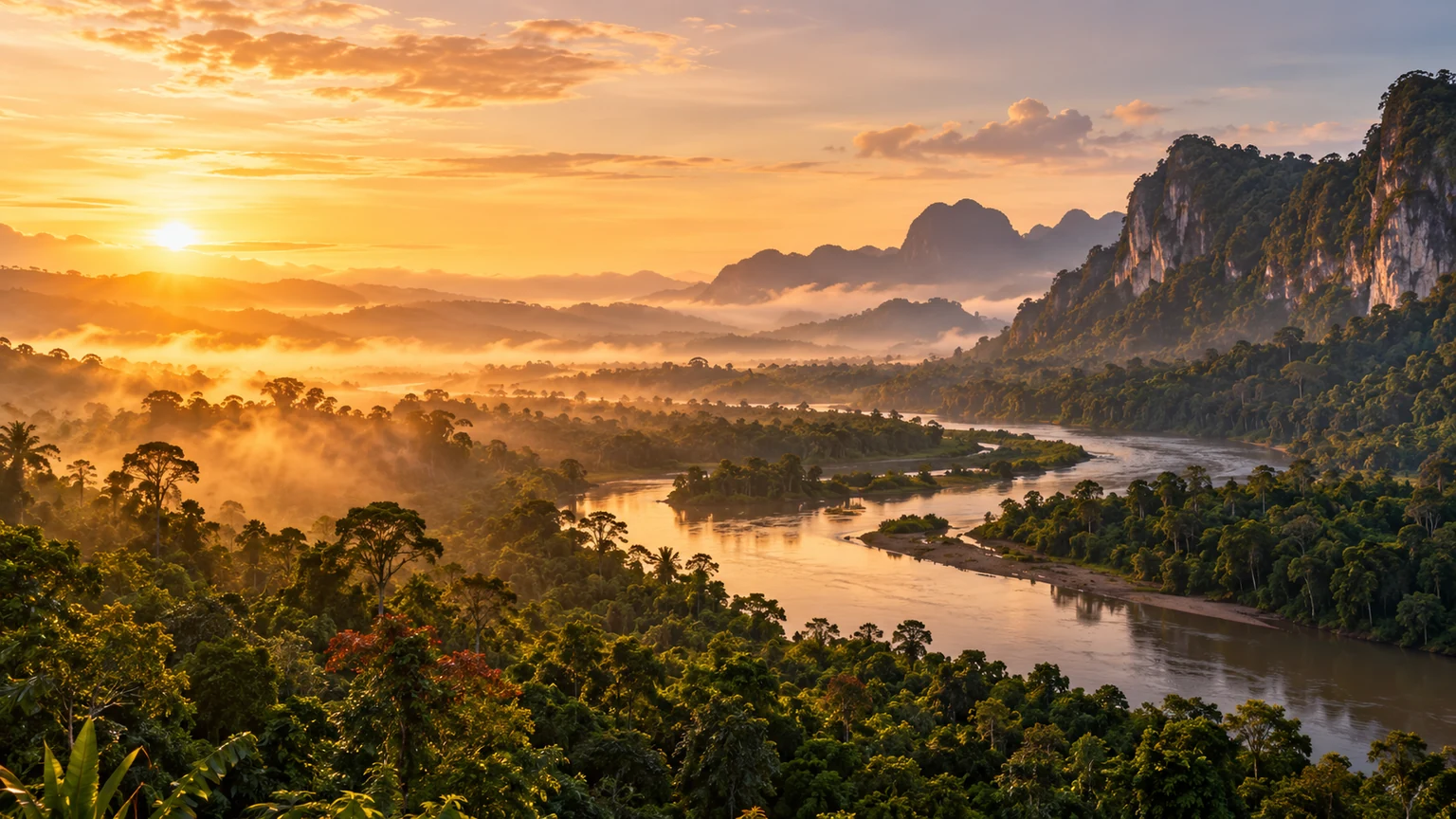 Editorial illustration of a Malaysian Borneo landscape of forested hills, river and distant mountains.