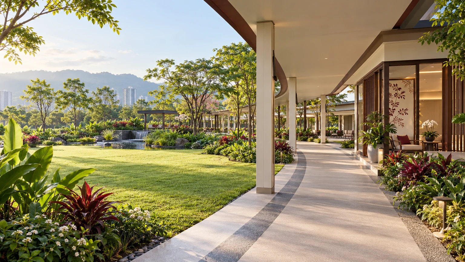 An accessible wellness garden with a covered walkway and a quiet care pavilion — an editorial illustration prepared for this page, not a photograph of a named provider.