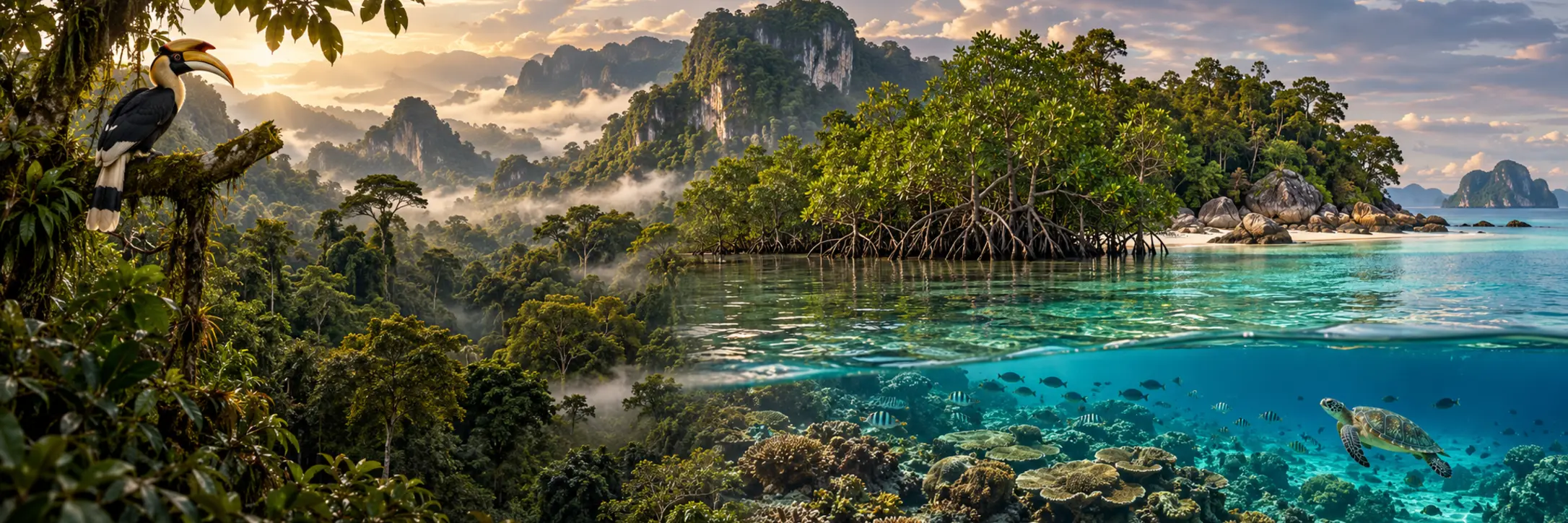 Editorial illustration of rainforest, limestone hills, a hornbill, mangroves and a coral reef with a turtle
