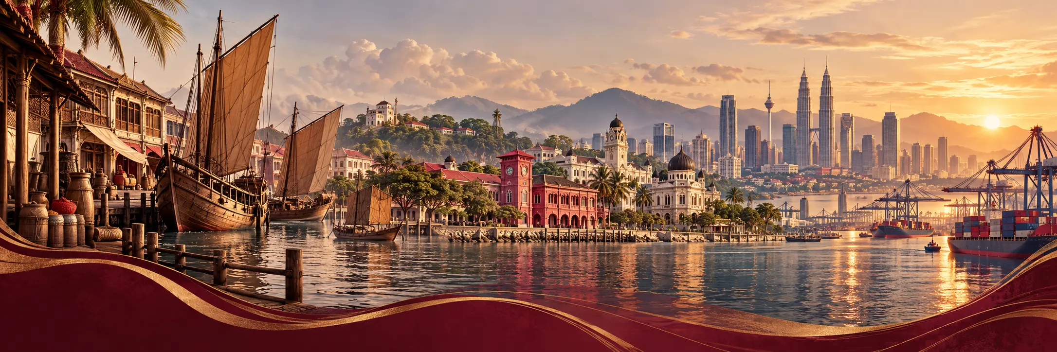 Editorial illustration moving from traditional sailing vessels and shophouses through colonial-era civic buildings to a modern city skyline and container port