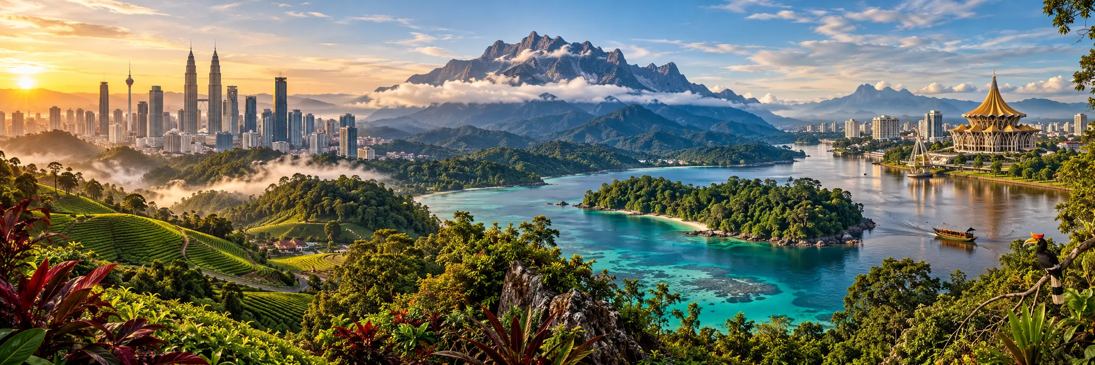 Editorial illustration spanning a peninsular city skyline, a high mountain range under cloud, and a river city in Borneo