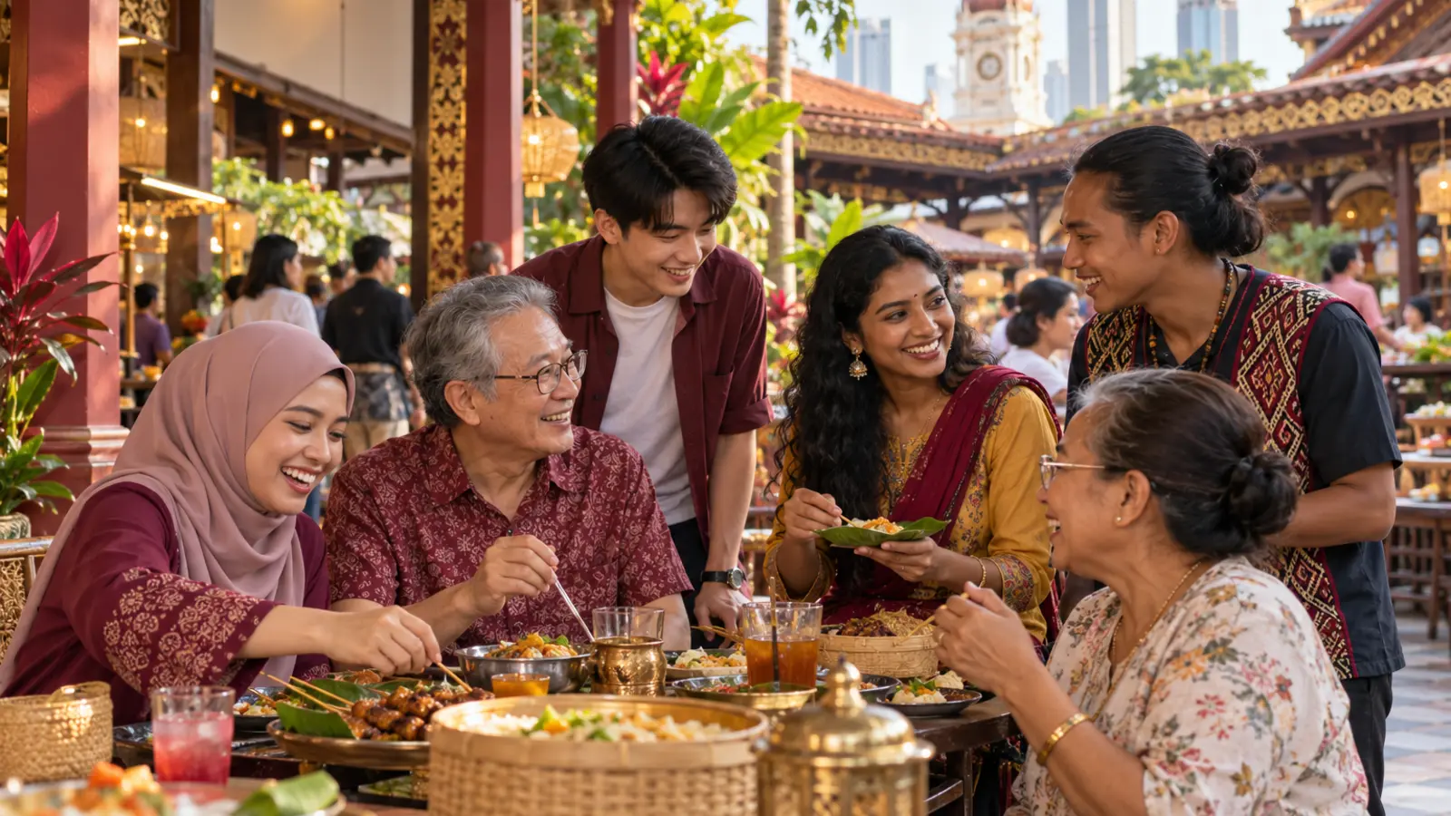 Editorial illustration of a multi-generational group sharing a meal together at an outdoor dining street