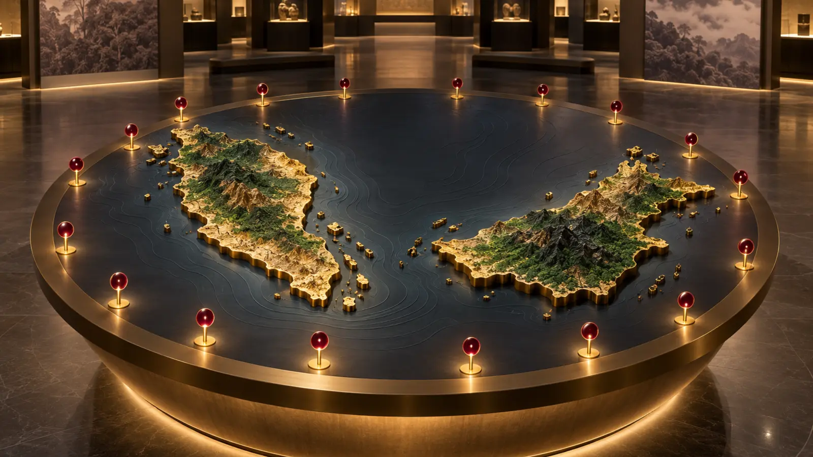 Editorial illustration of a three-dimensional relief model of the Malaysian landmasses on a brass table, with marker pins