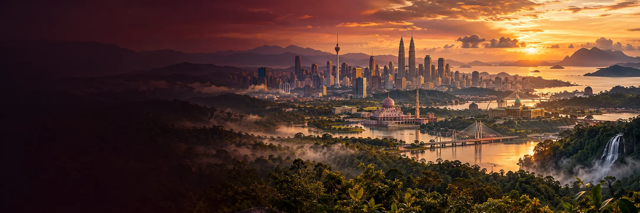 Editorial illustration of a Malaysian landscape at sunset, with a city skyline, a lakeside mosque and administrative buildings, and forested highlands