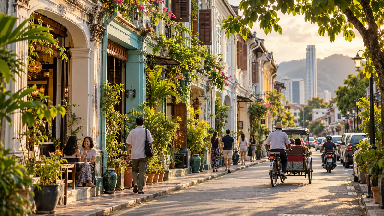 Editorial illustration of a heritage shophouse street with trishaws and pedestrians