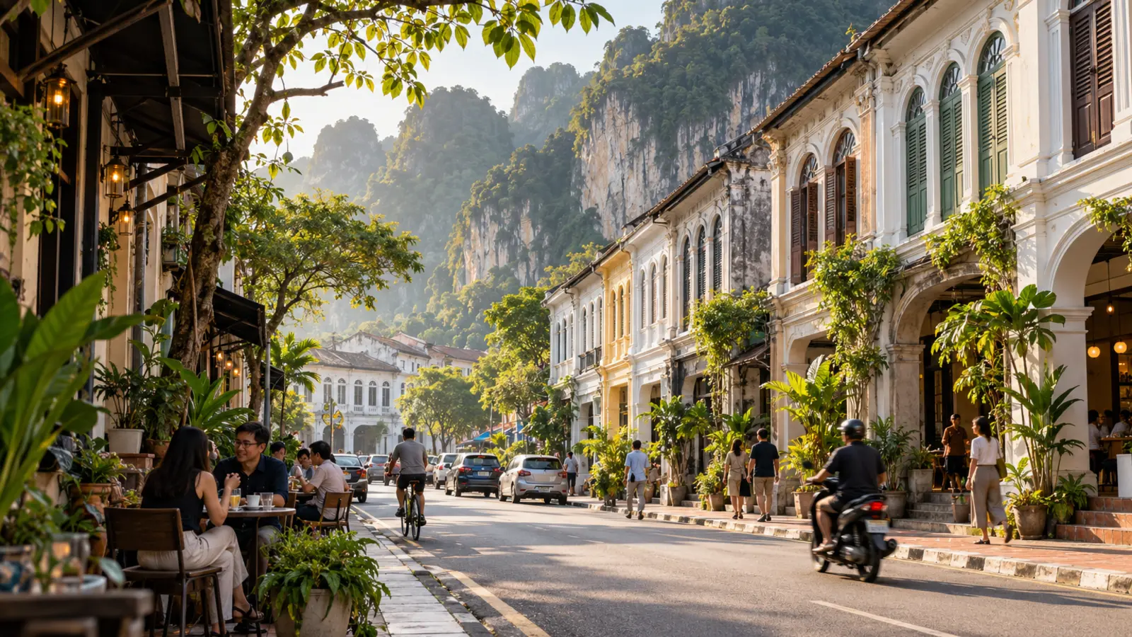Editorial illustration of a heritage street of white colonial-era buildings with limestone hills rising behind
