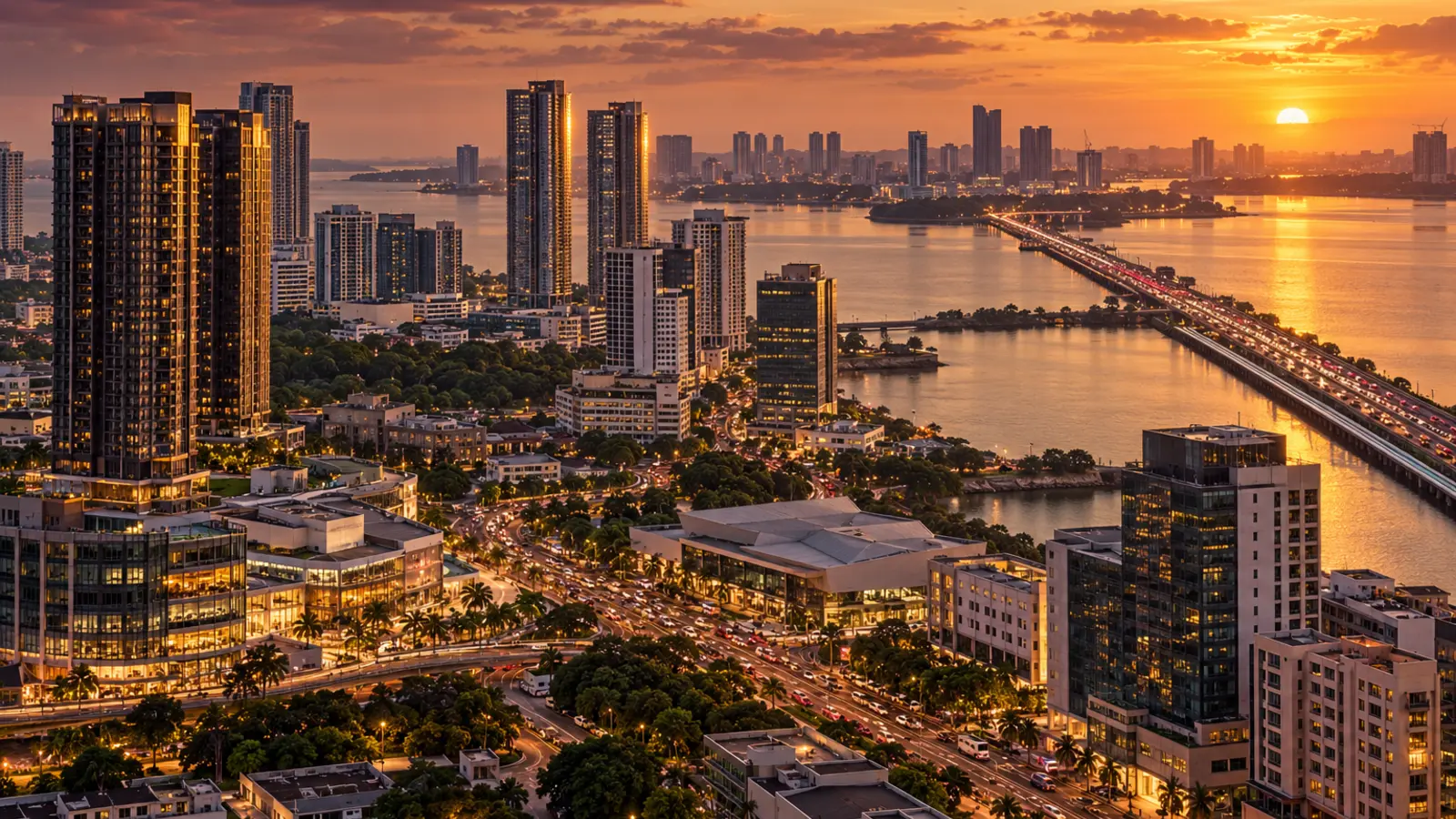 Editorial illustration of a southern city skyline at sunset with a long causeway crossing a strait