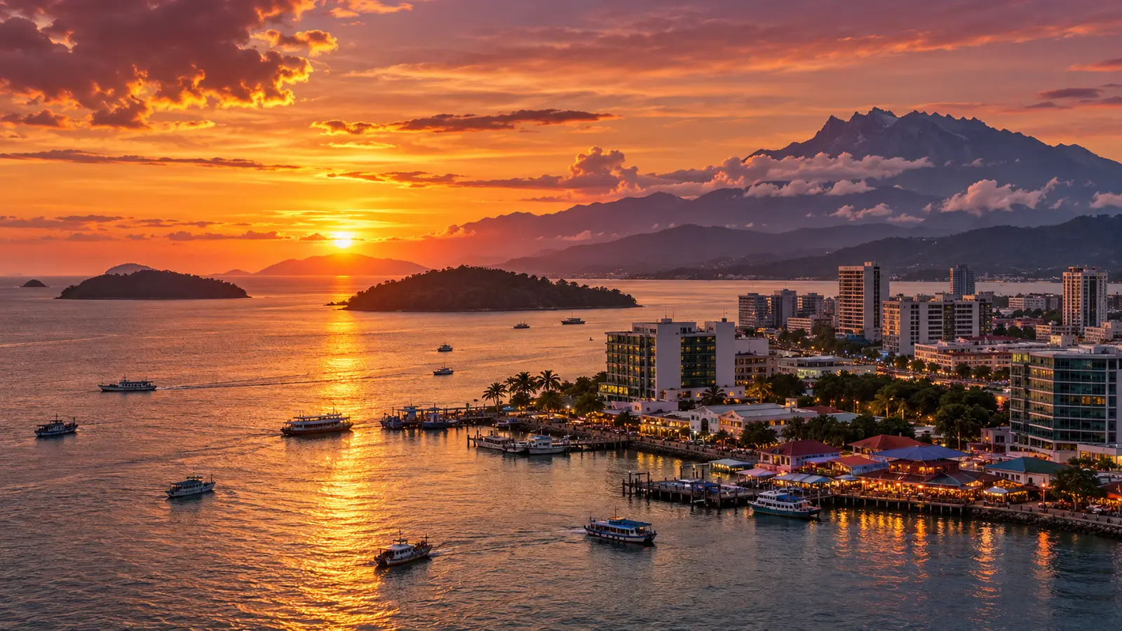 Editorial illustration of a coastal city at sunset with offshore islands and a mountain range behind