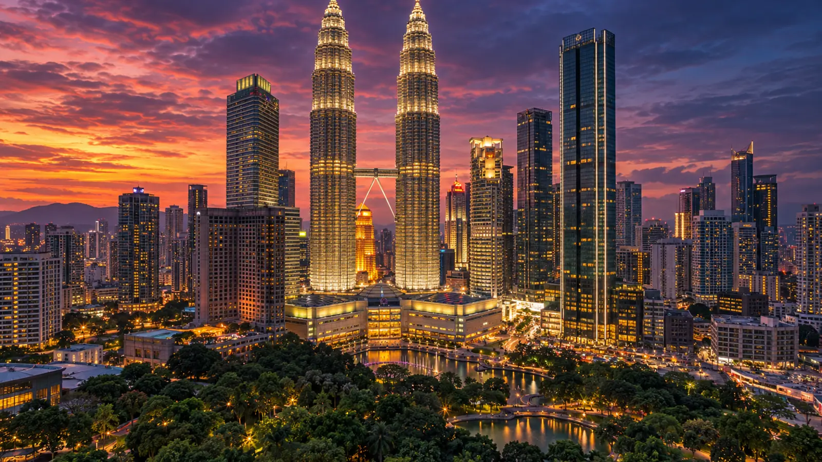 Editorial illustration of a dense city skyline with illuminated towers at dusk