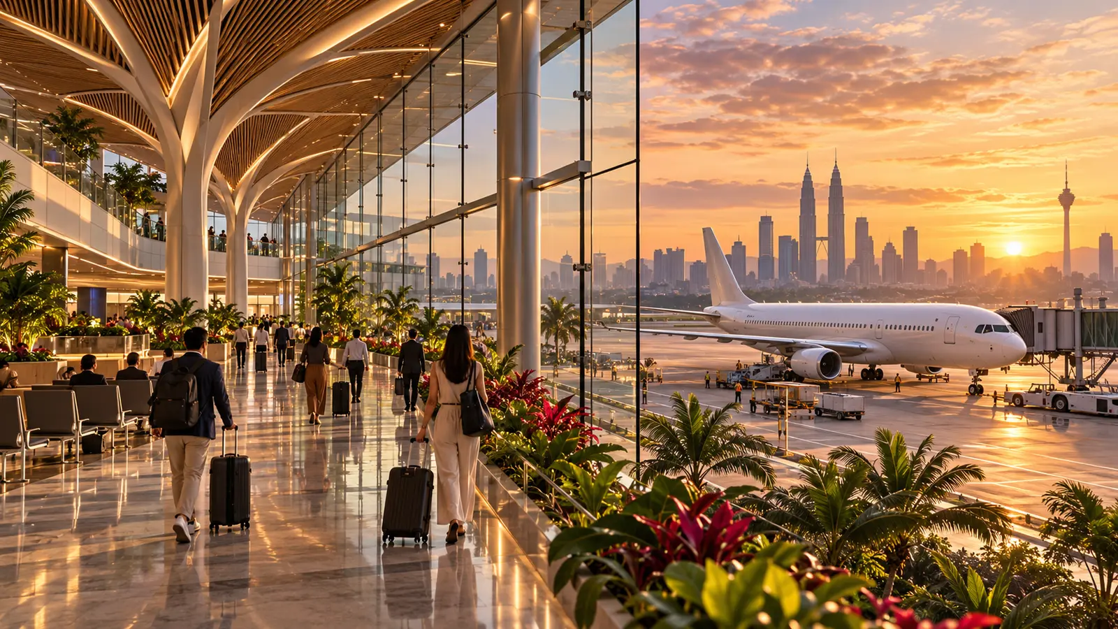 Editorial illustration of an airport terminal concourse and an unmarked aircraft at a gate with a city skyline beyond