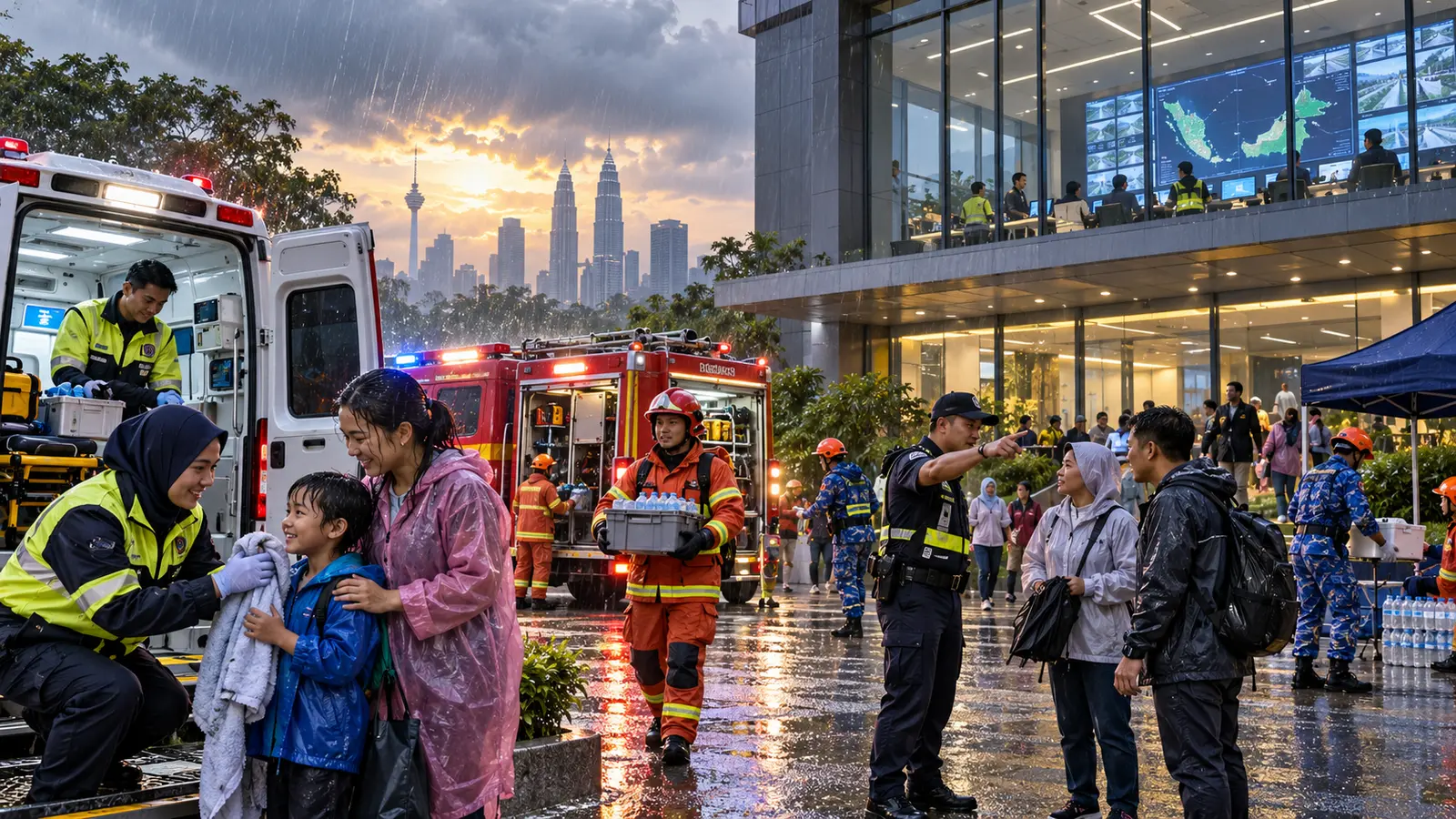 Editorial illustration of emergency responders, an ambulance and a fire appliance in the rain outside a coordination centre