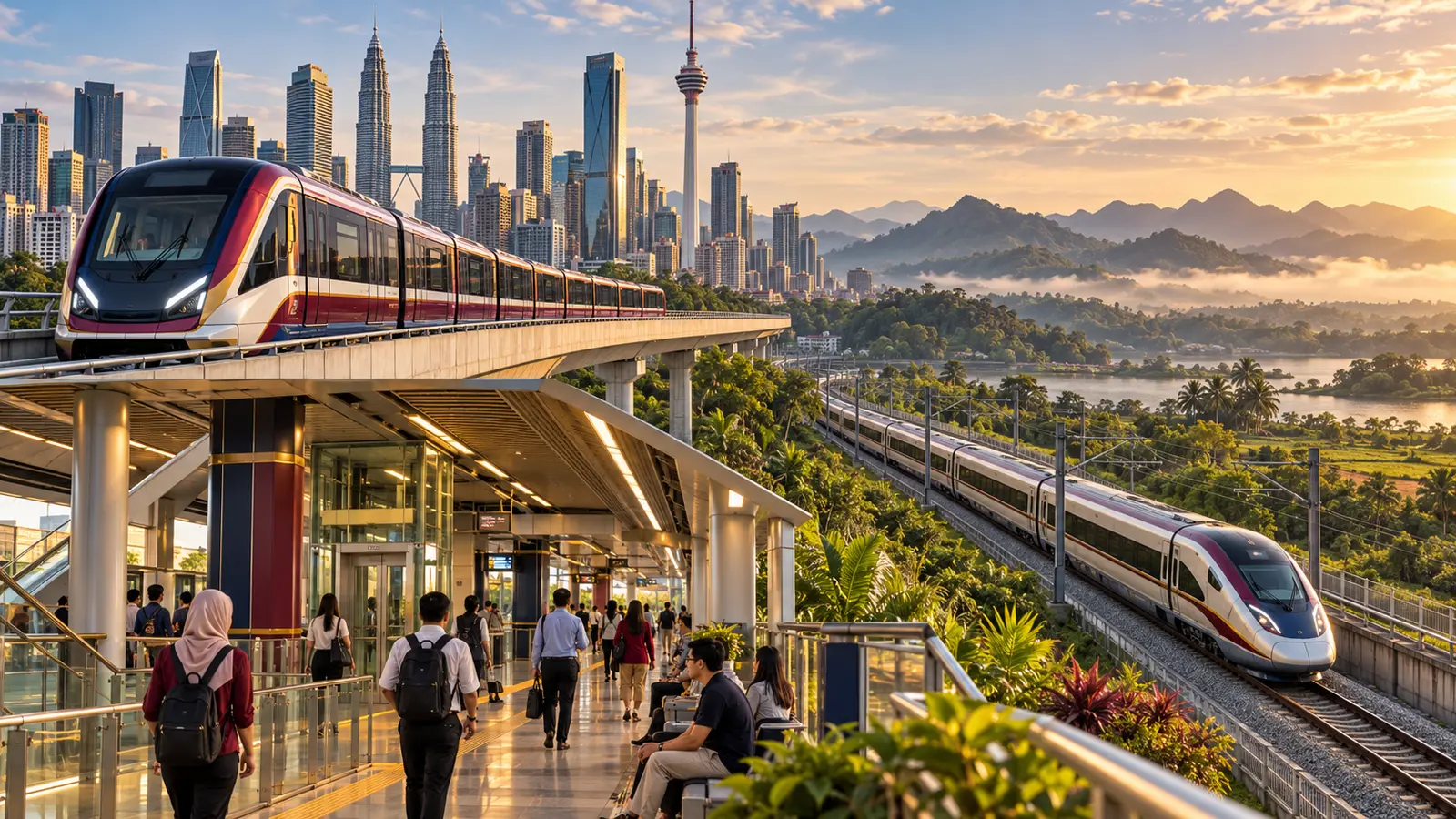 Editorial illustration of an elevated urban transit train at a station platform and an intercity train on a surface line