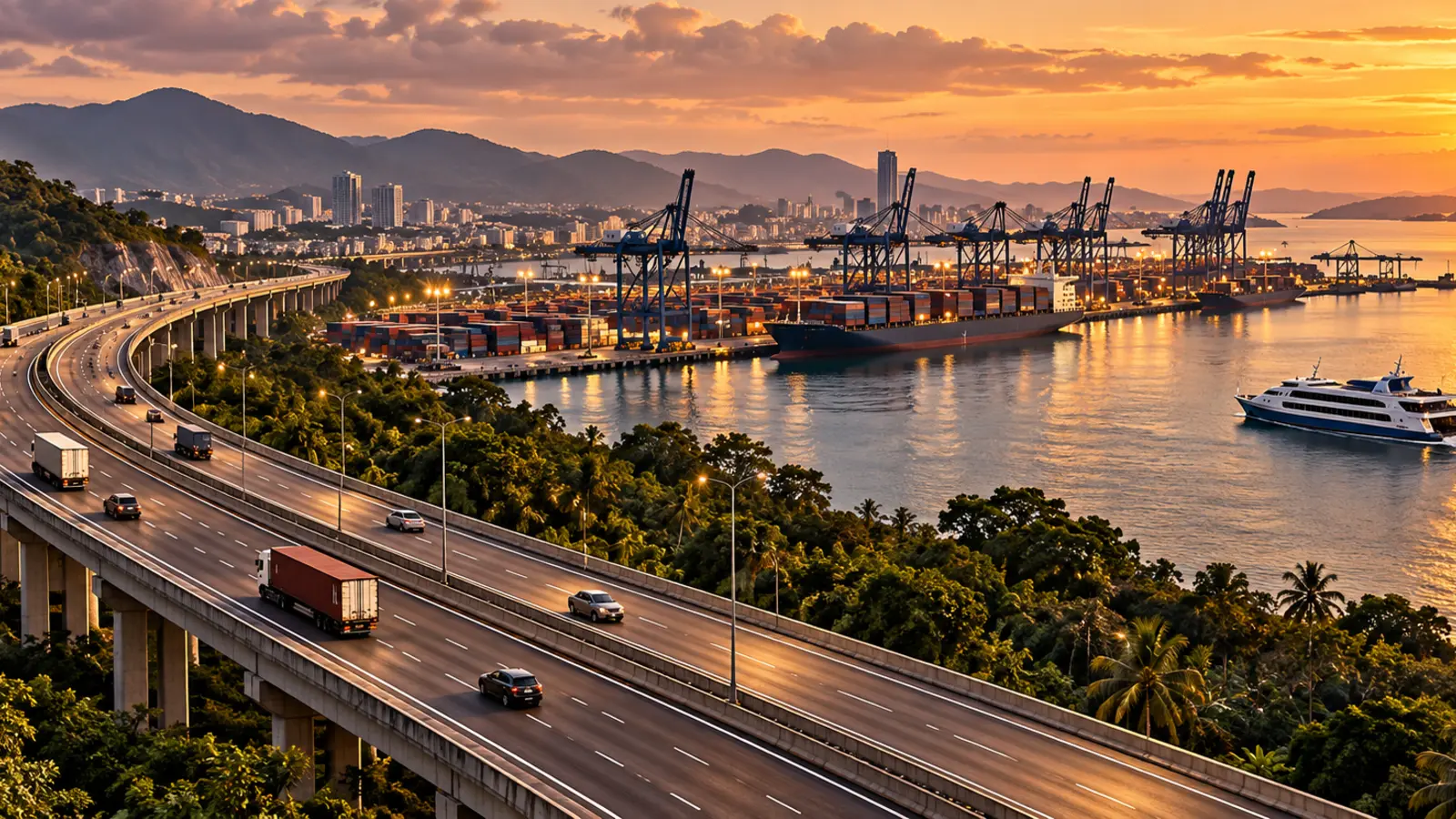 Editorial illustration of an expressway beside a container port with gantry cranes and a passenger vessel