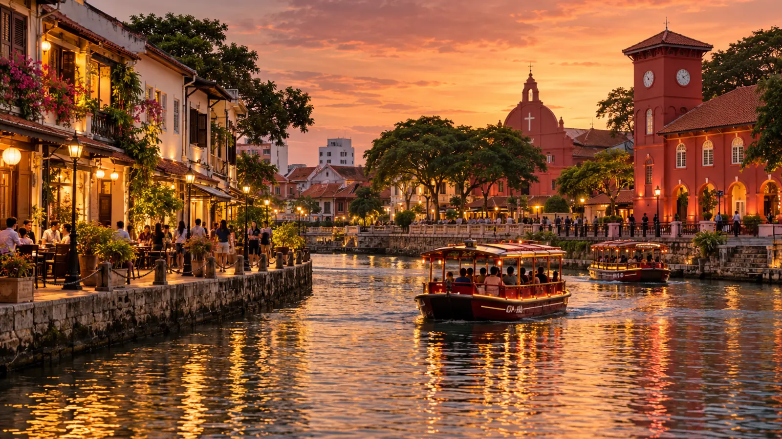 Editorial illustration of a riverside heritage quarter at dusk, with a river boat and historic civic buildings
