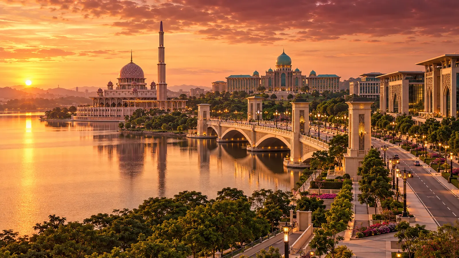 Editorial illustration of a planned administrative city on a lakeside at sunset, with a domed mosque, a bridge and government buildings
