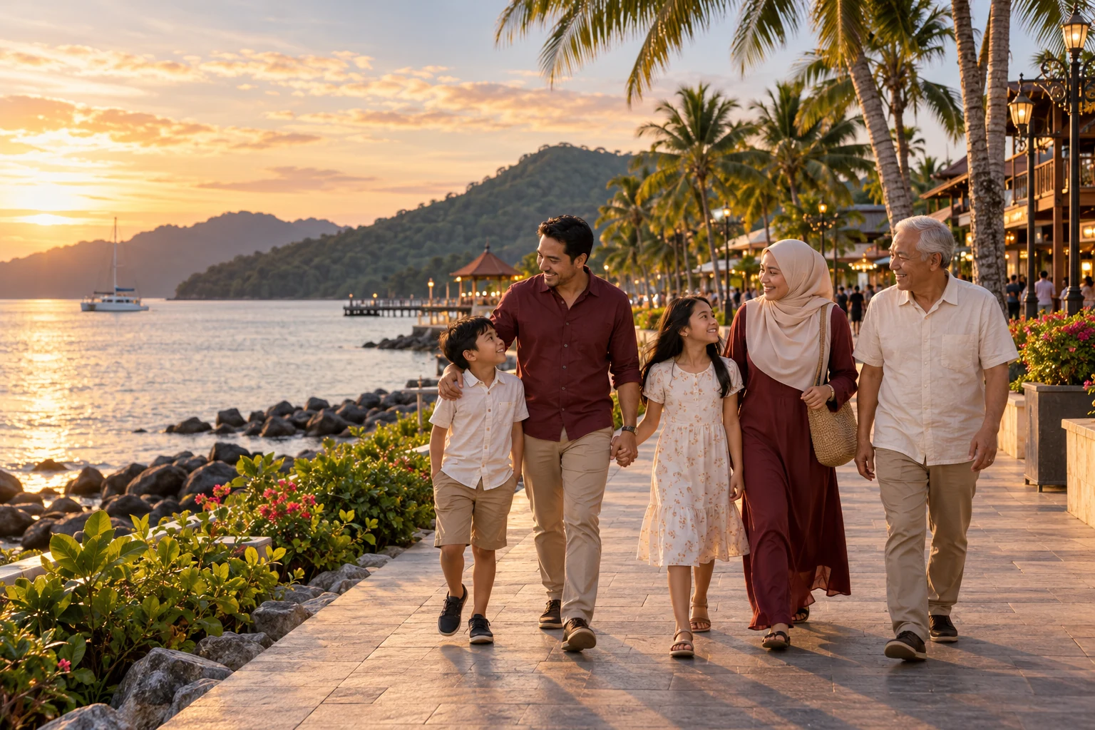 Representative multigenerational family walking along a Malaysian coastal promenade.