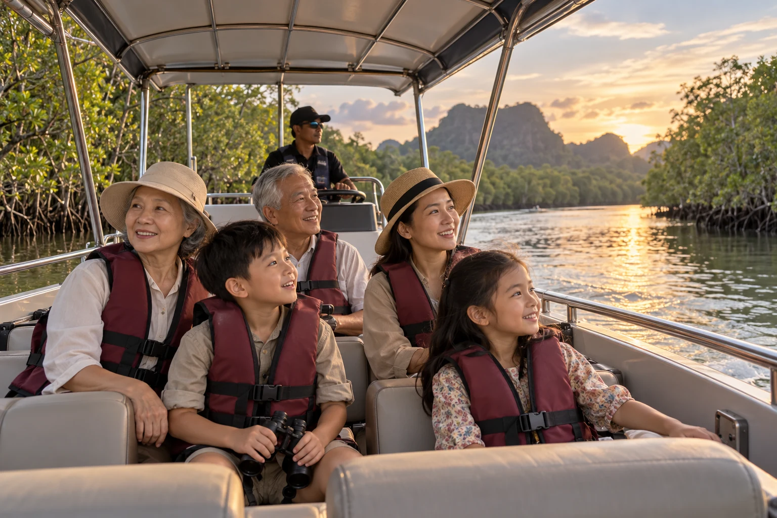 Representative family in life jackets on a covered mangrove sightseeing boat.