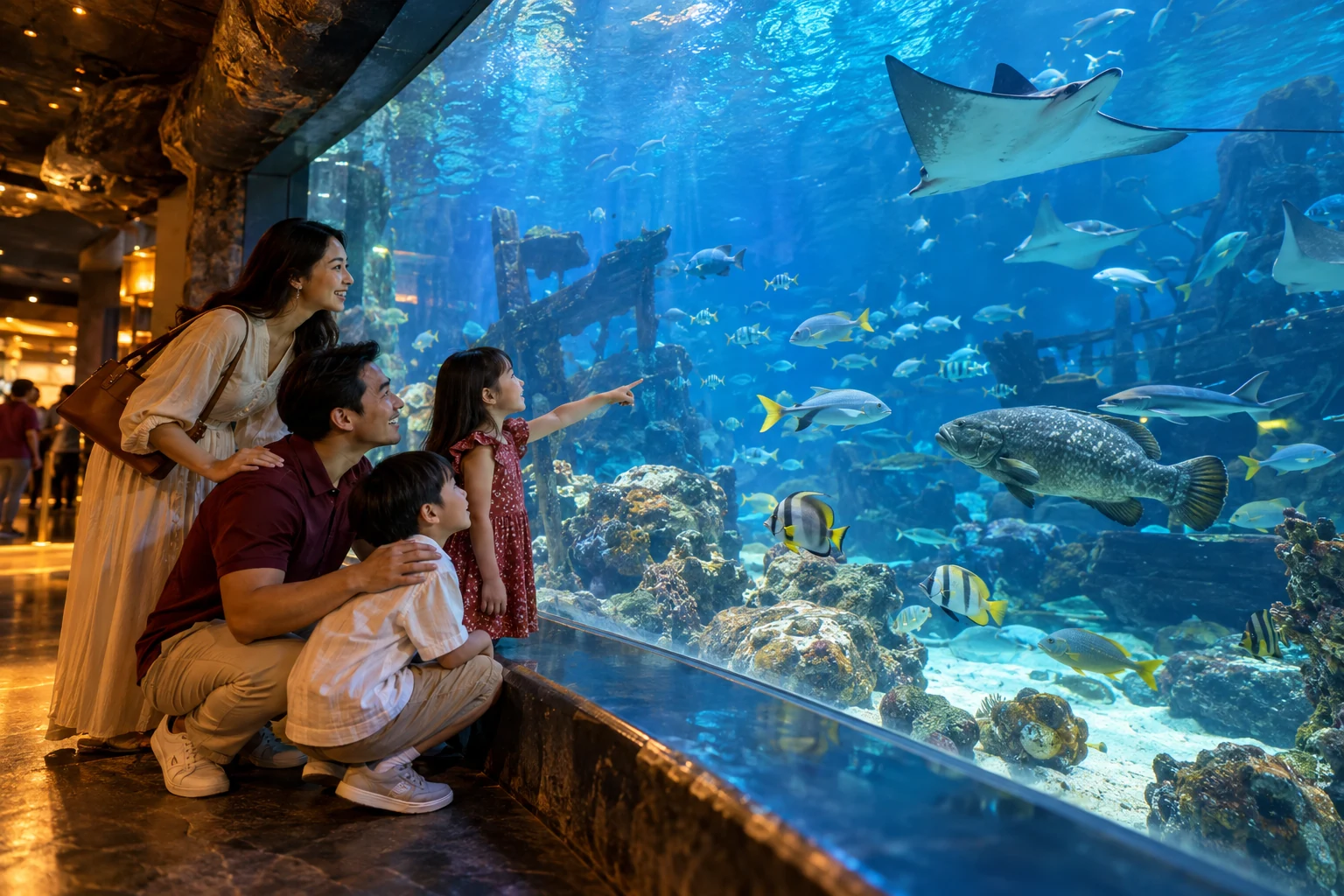 Representative family observing marine life through an aquarium window.