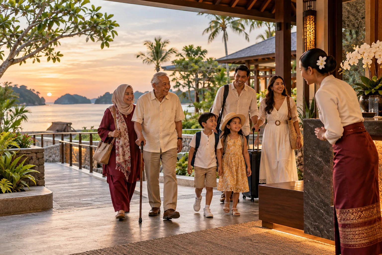 Representative family arriving with a grandparent on a gently ramped resort approach.
