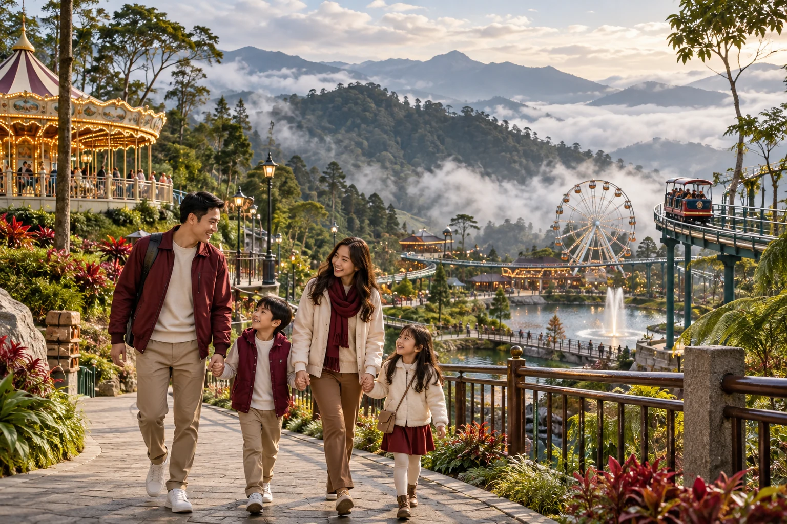 Representative family visiting a conceptual highland theme park.