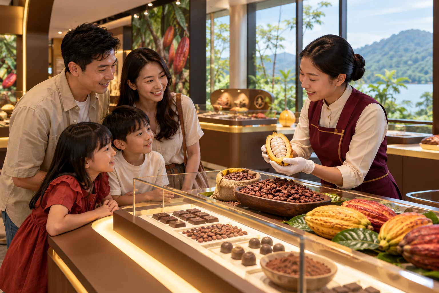 Representative chocolate-learning display with a family and instructor.