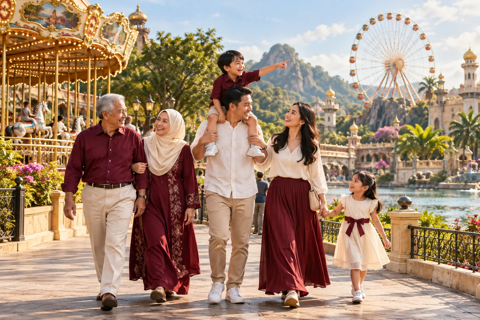 Representative multigenerational family walking in an amusement park garden.