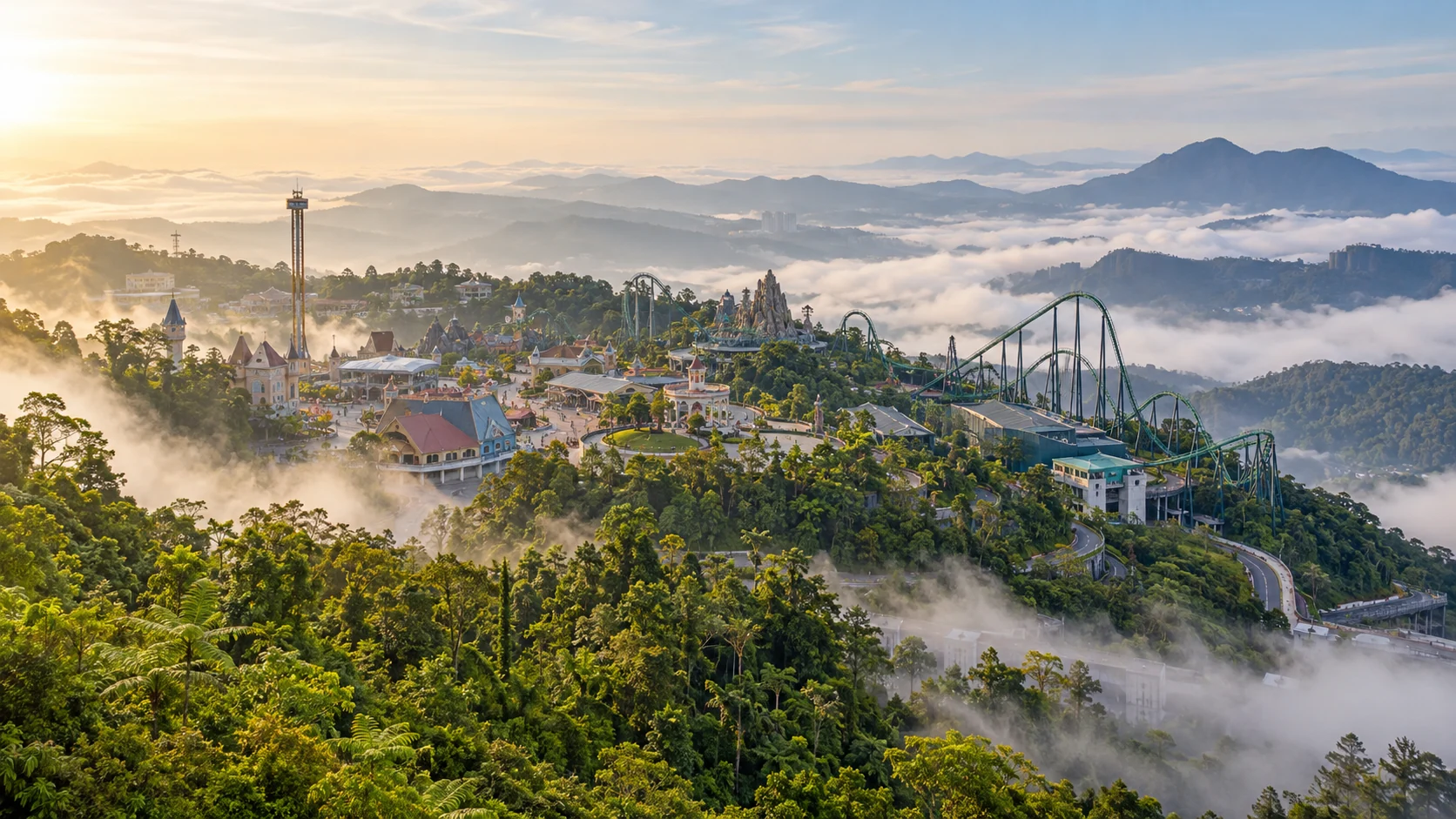 Misty highland amusement park panorama with distant coaster tracks and tropical mountain scenery.