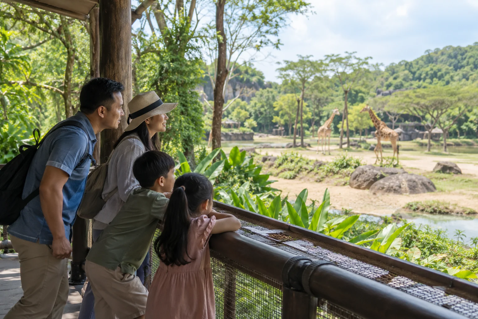 Family viewing giraffes from a separated habitat observation rail.