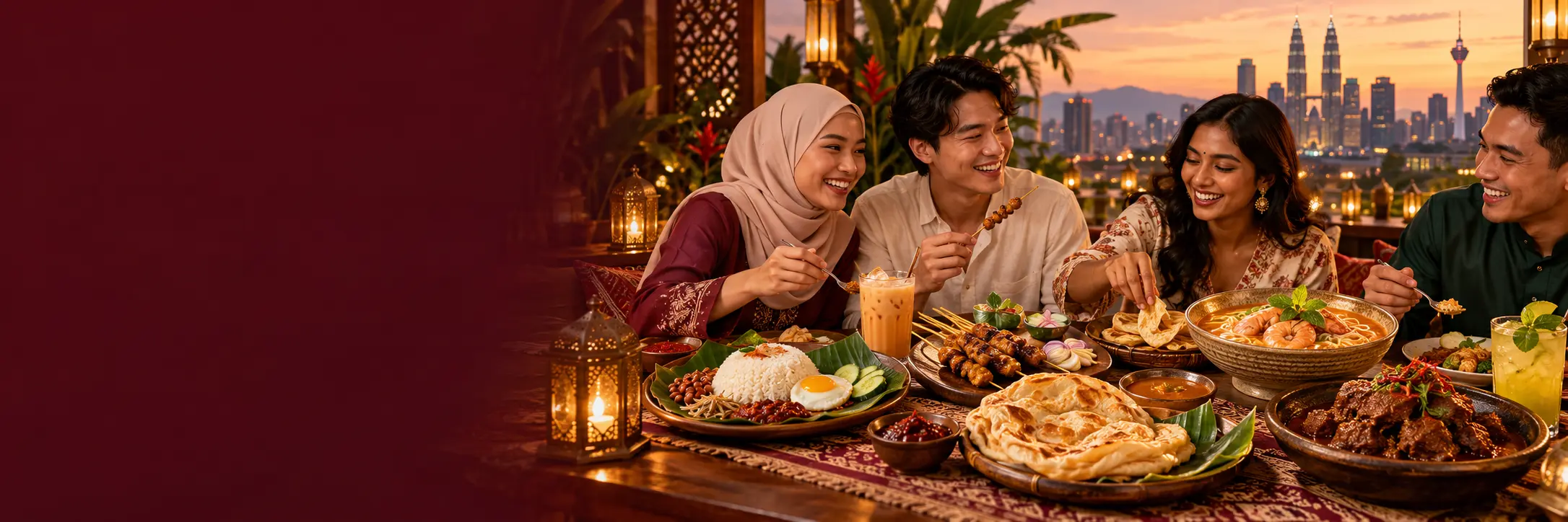 A shared Malaysian table with nasi lemak, satay, roti canai and teh tarik overlooking the Kuala Lumpur skyline