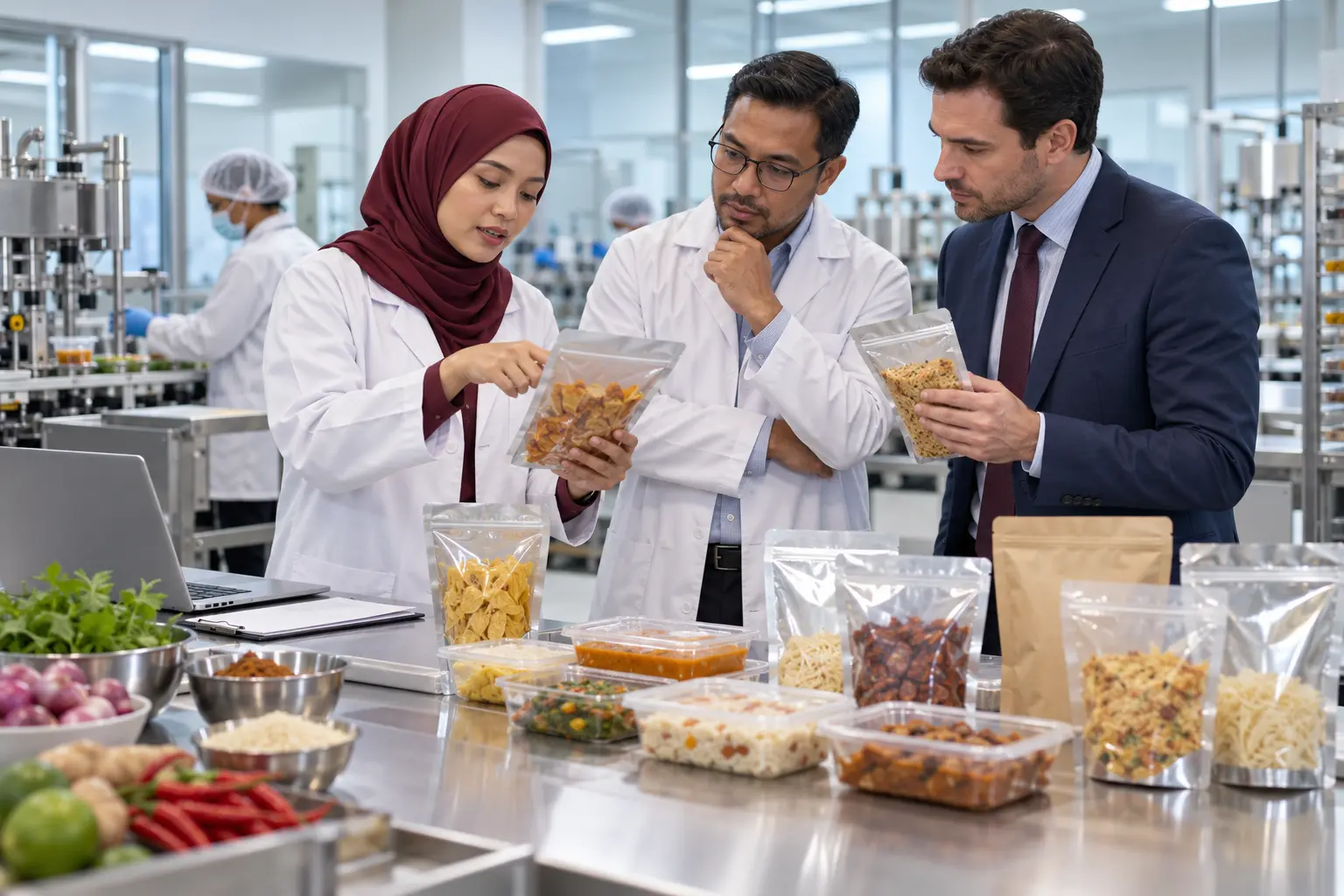 Food specialists and an international buyer reviewing packaged-food prototypes
