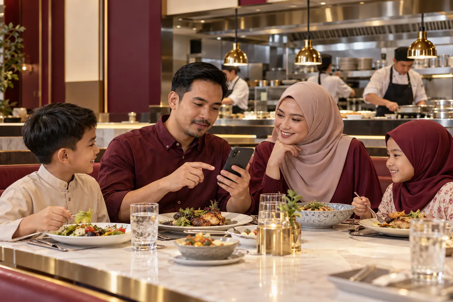 A Malaysian family reading food information while dining