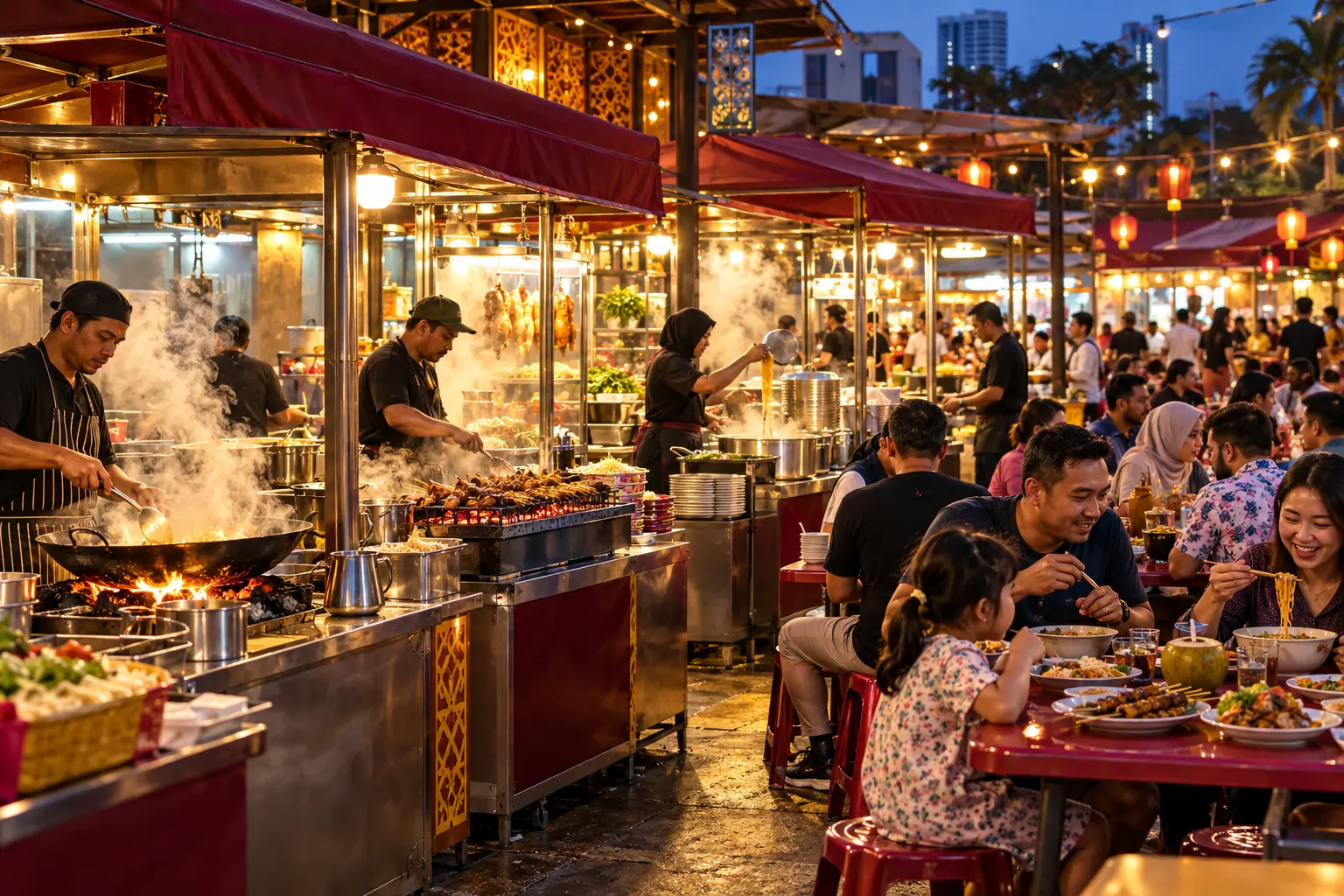 A busy Malaysian hawker centre with multiple open cooking stalls and shared dining tables