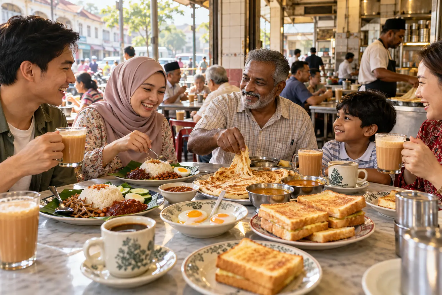 A multi-ethnic group sharing a kopitiam breakfast of nasi lemak, roti canai, kaya toast, soft-boiled eggs, teh tarik and kopi at a marble-topped table