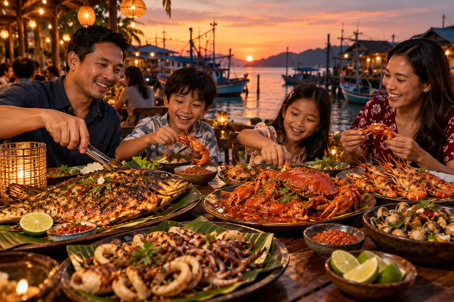A family sharing grilled prawns, crab, squid and fish at a harbour-side table at sunset, with fishing boats moored behind
