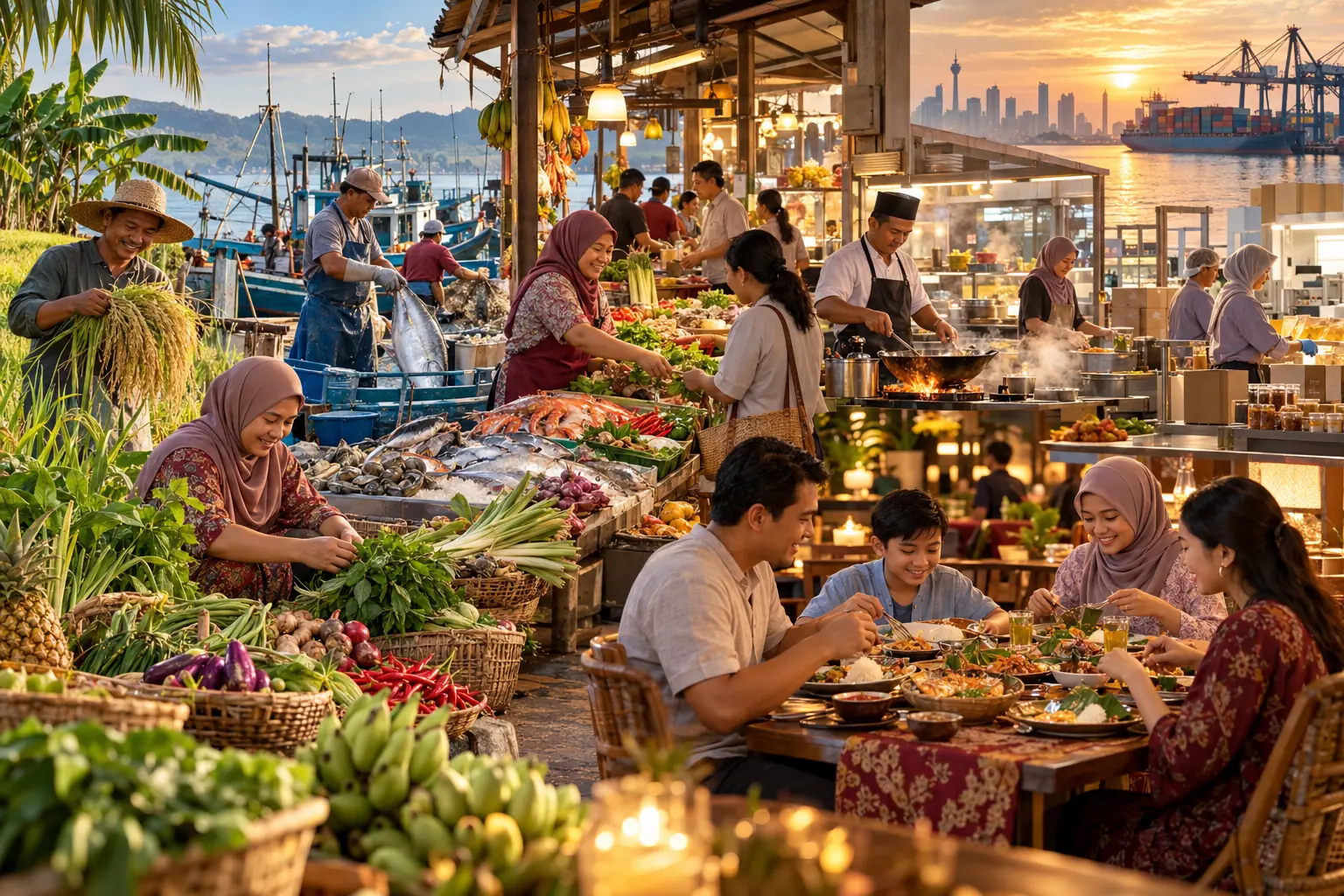 A composite illustration of Malaysia's food chain: harvesting, a fishing harbour, a produce market, a hawker kitchen, a family at table, and a container port at sunset