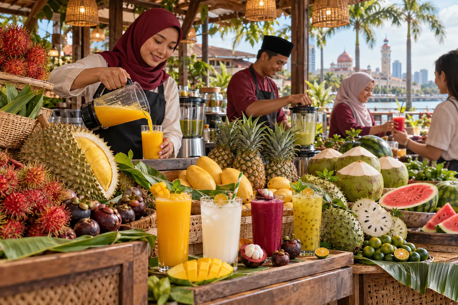 A Malaysian juice stall with durian, rambutan, mangosteen, pineapple, soursop, watermelon, coconuts and freshly blended juices