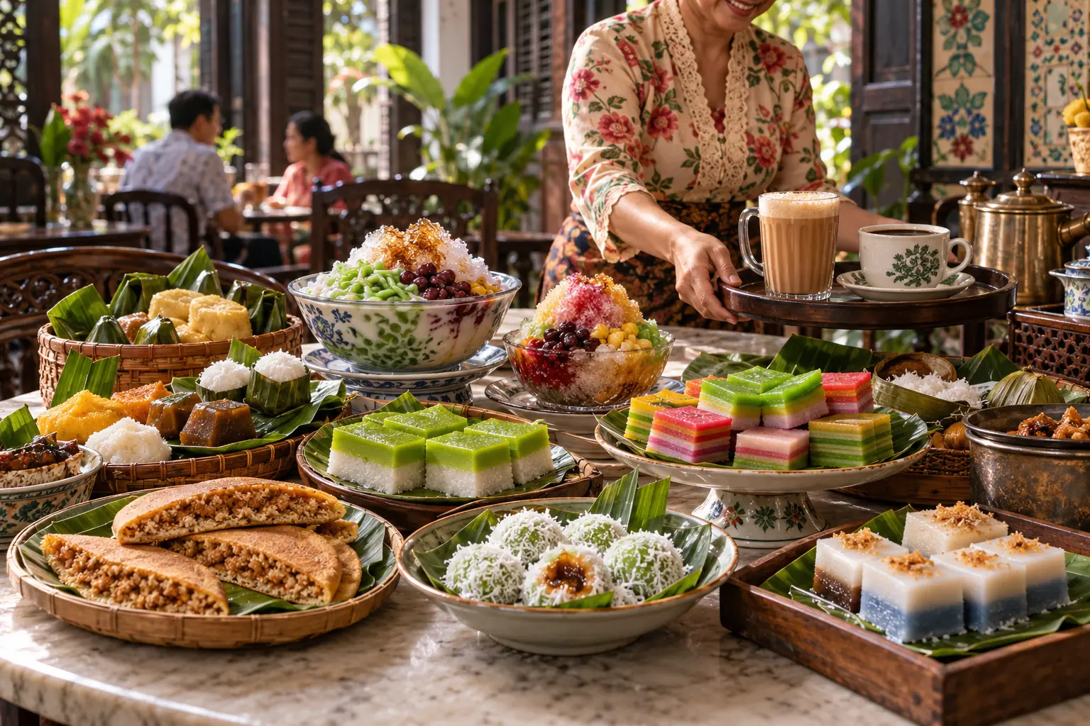 An assortment of Malaysian kuih including layered kuih lapis, seri muka, ketayap and apam, with cendol and teh tarik on a marble-topped table