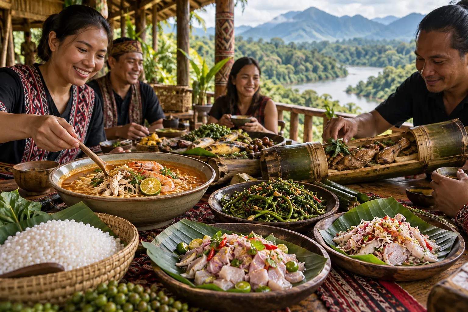 A Borneo table with bamboo-cooked chicken, jungle fern greens, raw-fish salads and rice, set above forest and river