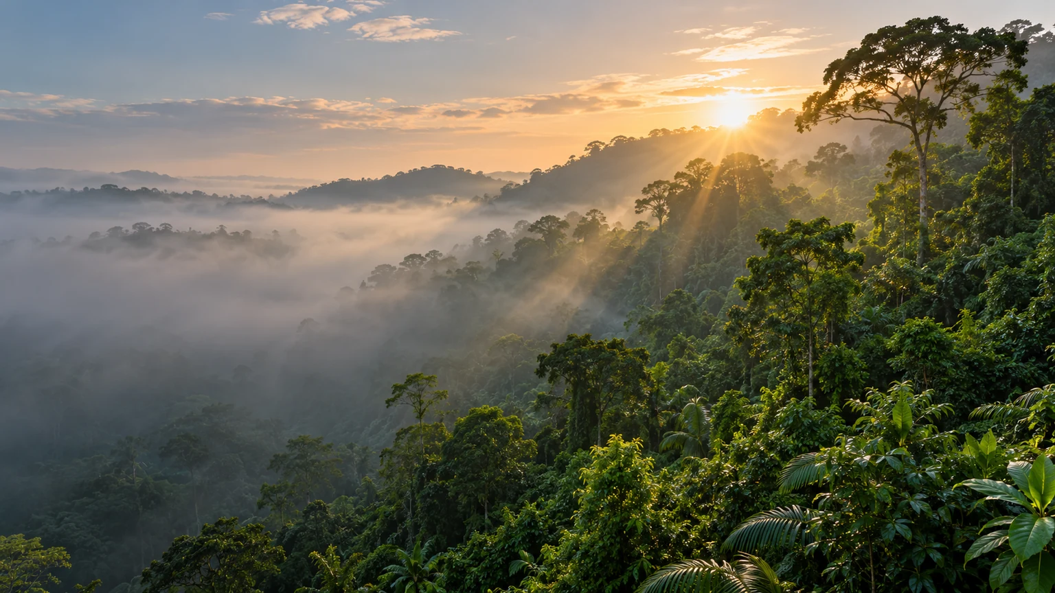 Illustration of a Malaysian rainforest landscape: layered canopy, mist in the valley and a river running through tall forest