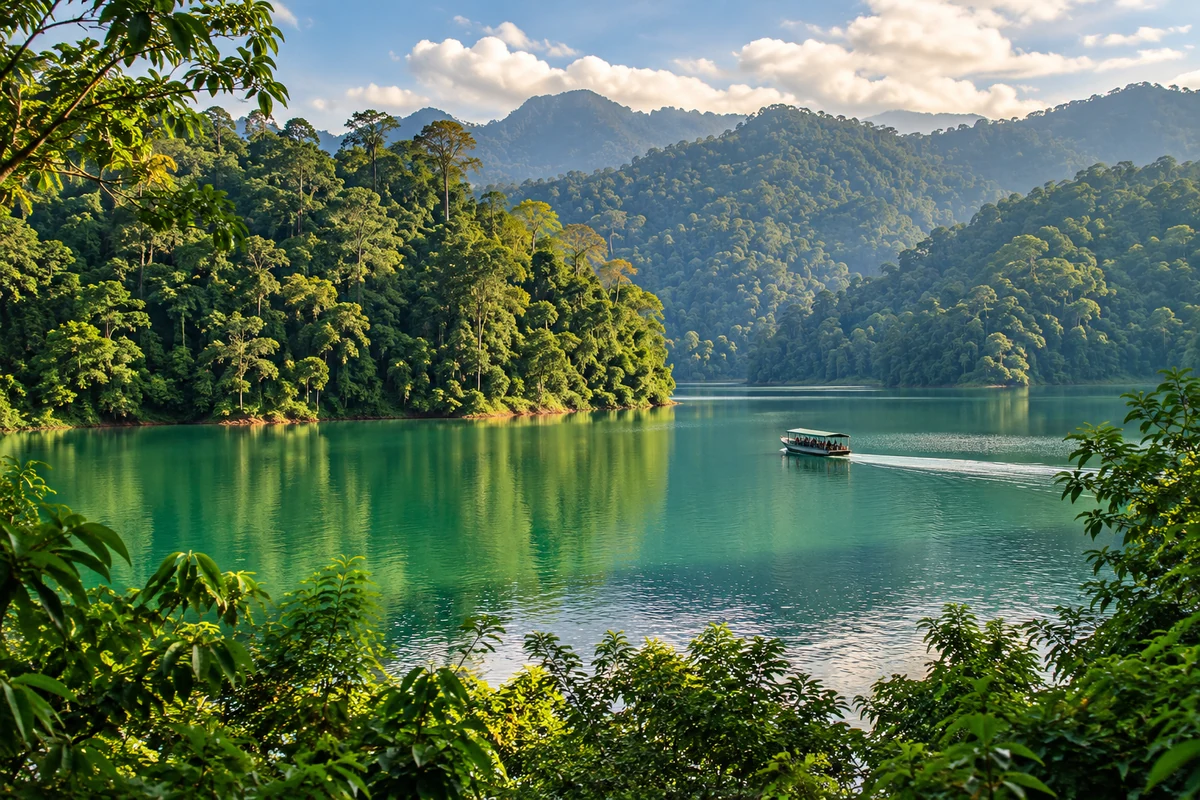 North Peninsular Malaysia — Illustration of a Malaysian rainforest landscape: layered canopy, mist in the valley and a river running through tall forest