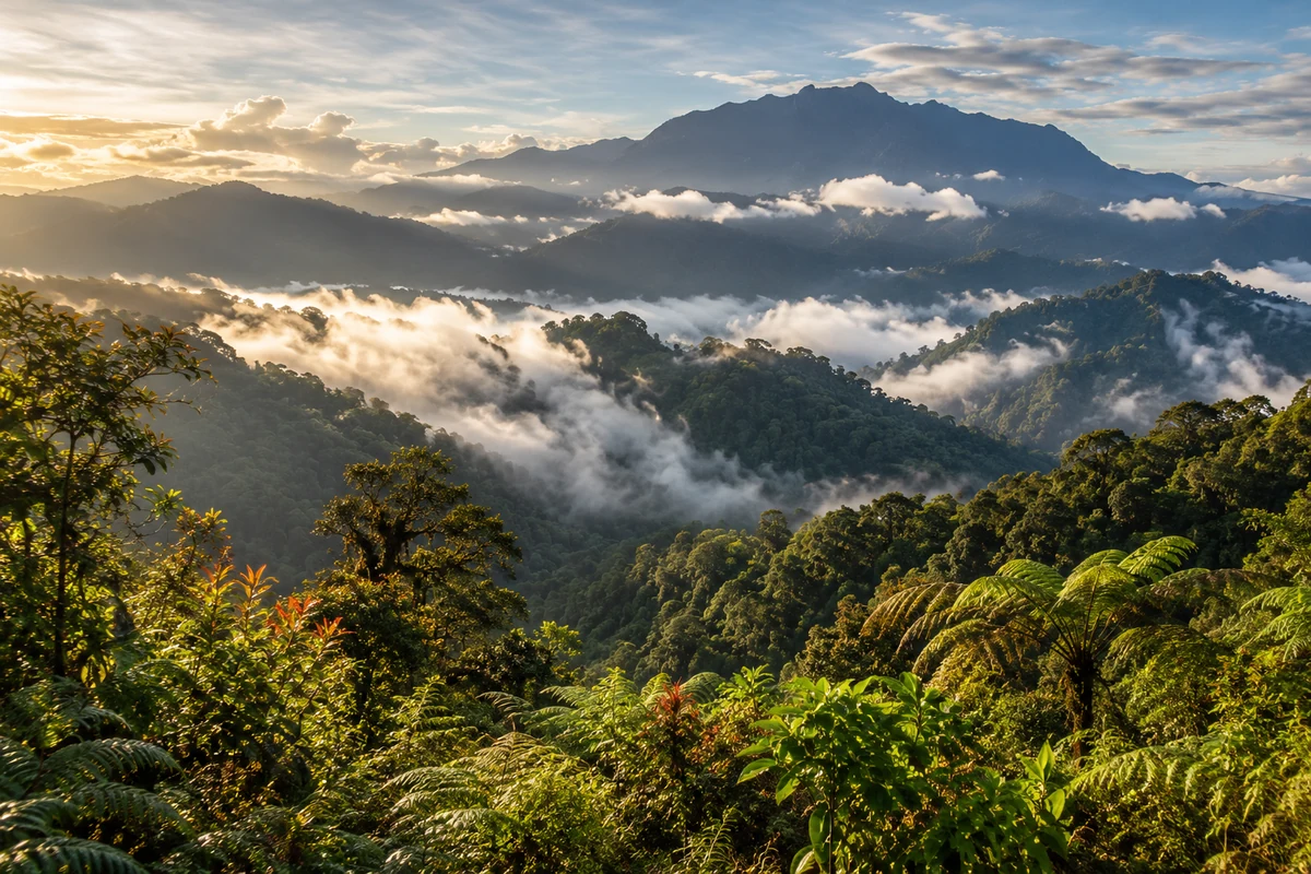 Sabah — Illustration of a Malaysian rainforest landscape: layered canopy, mist in the valley and a river running through tall forest