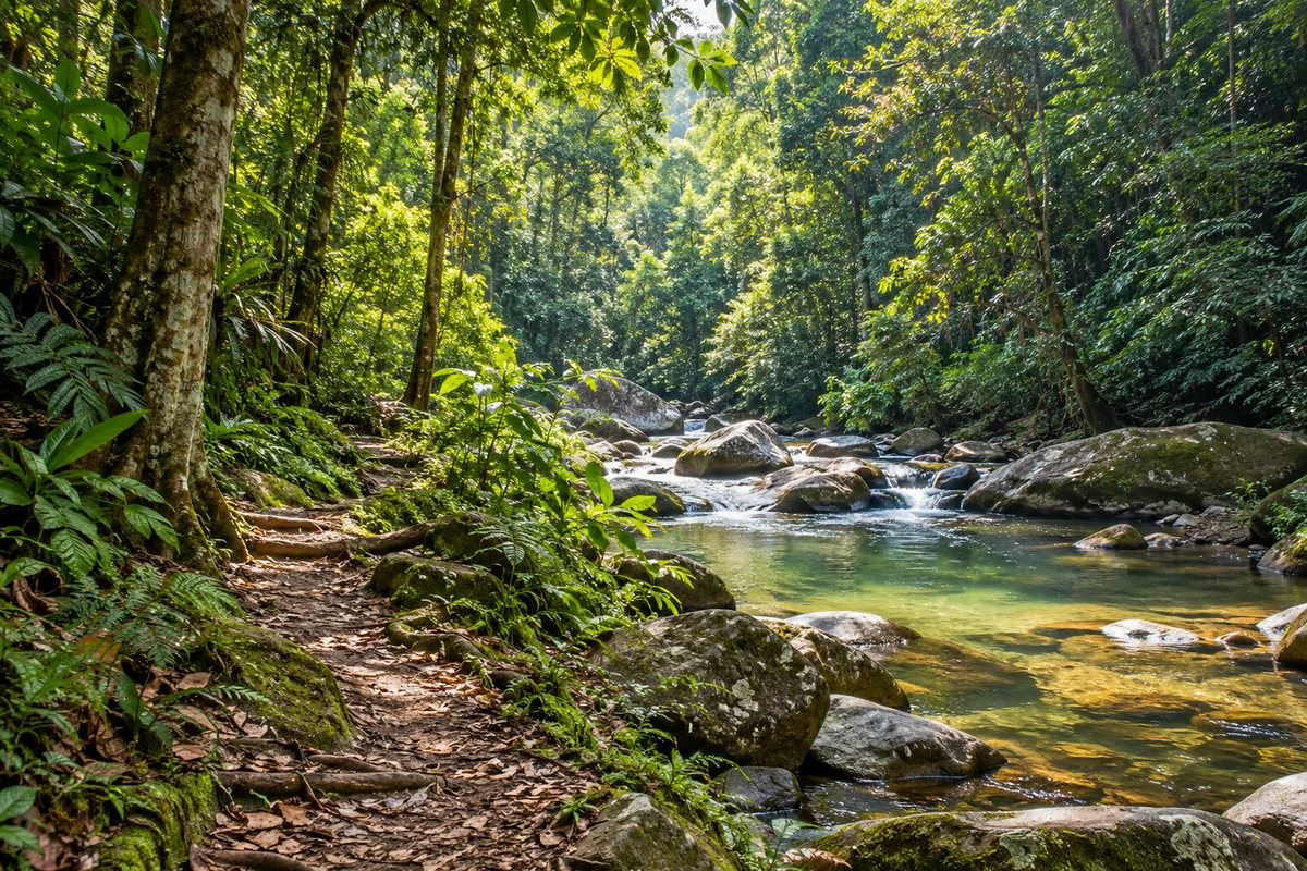 South Peninsular Malaysia — Illustration of a Malaysian rainforest landscape: layered canopy, mist in the valley and a river running through tall forest