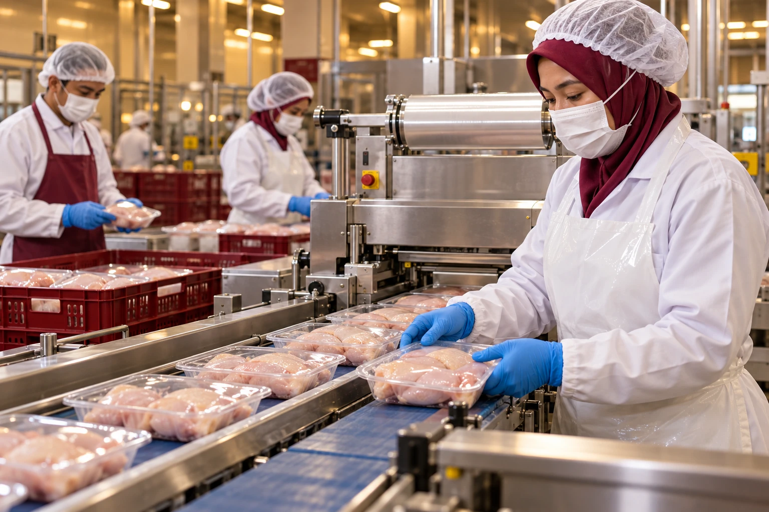 Editorial illustration of halal poultry production