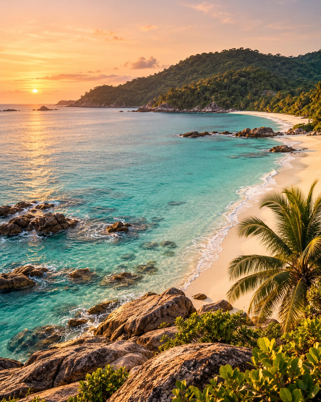 AI illustration of a Terengganu-inspired island beach in golden light.