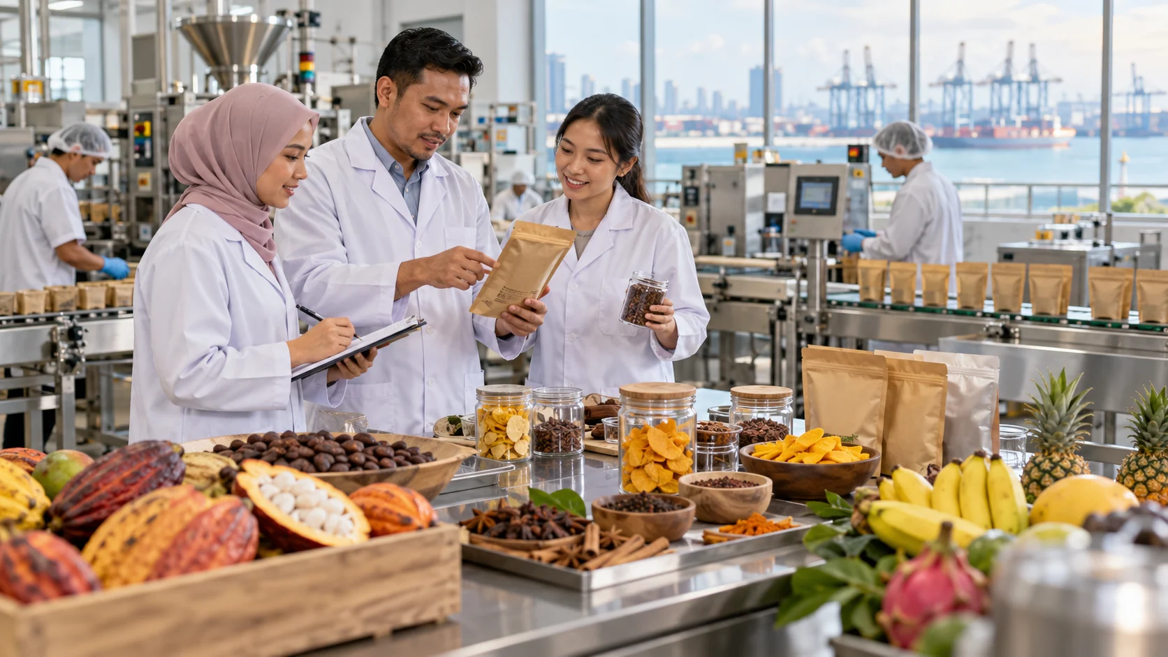 Editorial illustration of a food and beverage production line.