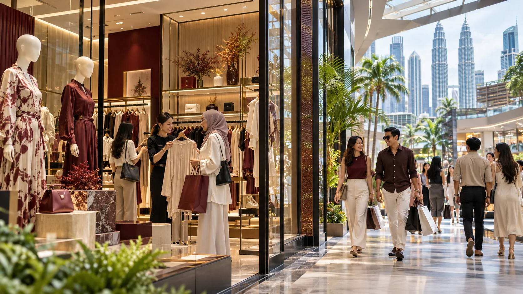 Editorial illustration of a fashion retail store interior.